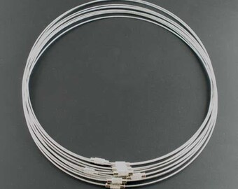 10 pcs. Memory Wire Choker Coated Necklaces with Silver Screw Clasp - 18 inch - 1mm - THICK - Grey Silver Tone - HIGH QUALITY