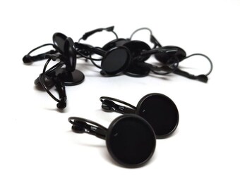 10 pcs. Black Earring Clips Settings Lever Back Bezels Cabochons - 10mm Glue Pad Setting