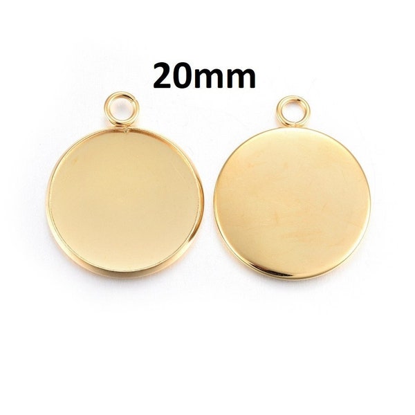 5 pcs. 304 Stainless Steel 24k Gold Plated Circle Round Bezel Pendant Tags Trays - 20mm Glue Pad Setting - Tarnish Resistant!