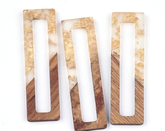 4 colgantes planos rectangulares de resina y madera con lámina transparente y dorada - 61 mm x 17 mm - (2,4" x 0,7") - ¡Ideales para pendientes y collares!
