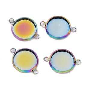 10 pcs. 304 Stainless Steel Rainbow Circle Round Bezel Cabochon Cameo Connector Tags Trays - 12mm Glue Pad - Hypoallergenic!