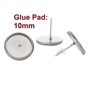 10 pcs. 304 Stainless Steel Earring Posts Studs Settings Bezels Cabochons Tacks - 10mm Glue Pad Setting - Silver Tone