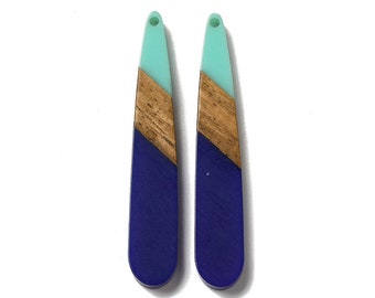 4 pcs. Blue and Teal Stripe Resin and Wood Teardrop Flat Pendant - 44mm x 8mm - (1.73" x 0.32") - Great for Earrings and Necklaces!