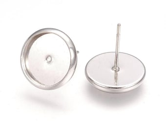 10 pcs. Silver Tone Earring Posts Studs Settings Bezels Cabochons Tacks - 10mm Glue Pad Setting - Includes Rubber Backs!