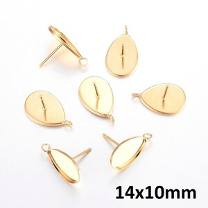 10 pcs. 304 Stainless Steel Golden Earring Tacks Posts Studs Settings Bezels Cabochons with Loop - Teardrop - 14mm x 10mm Glue Pad Setting