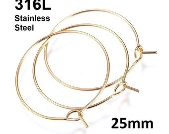 10 pcs 316L Surgical Stainless Steel Golden Wine Charm / Earwire Hoop Rings - 25mm - 20 Gauge (0.8mm Thick)-Tarnish Resistant-Hypoallergenic