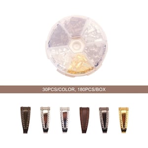 May include: A set of 180 silver, gold, and brown metal pendant bails in a clear plastic container. The container has six compartments, each filled with a different colour of bails. The text "30PCS/COLOR, 180PCS/BOX" is printed on a brown background below the container.
