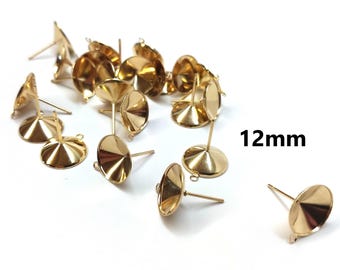 10 pcs. (5 pairs) 304 Stainless Steel Earring Cone Posts Studs with Parallel Loop - Golden - For 12mm Pointed Back Rhinestones - Hole: 1mm