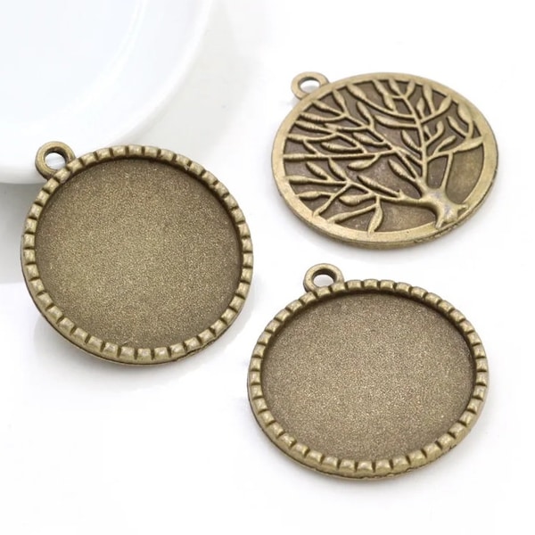 10 pcs. Antique Bronze Tree of Life Charm Pendant Circle Settings Carved Bezel Trays- 25mm Glue Pad Setting (1 inch) - 32mm x 29mm