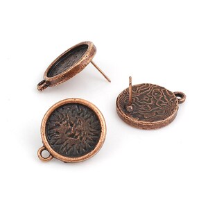 10 pcs. Antique Copper Earring Posts Studs Settings Bezels Cabochons Tacks with Loop - 14mm Glue Pad Setting