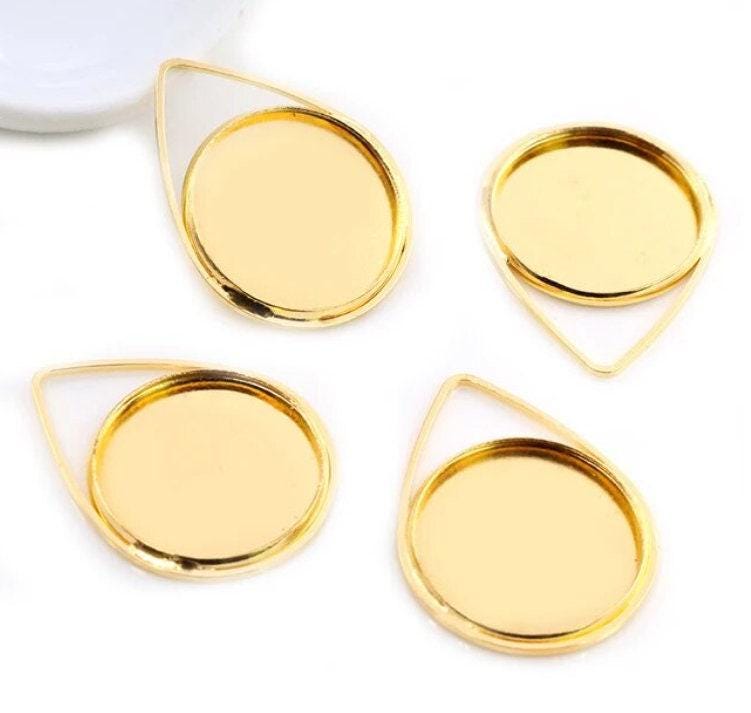 10 pcs. Gold Plated Pendant Circle Posts Settings Bezels Tray Cabochons - 20mm Glue Pad Setting (Cameo Setting Diameter) - Teardrop