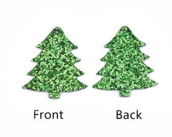 10 colgantes de piel sintética con purpurina verde - Árbol de Navidad - 55 mm (2,17") - Ideales para pendientes ligeros - Doble cara