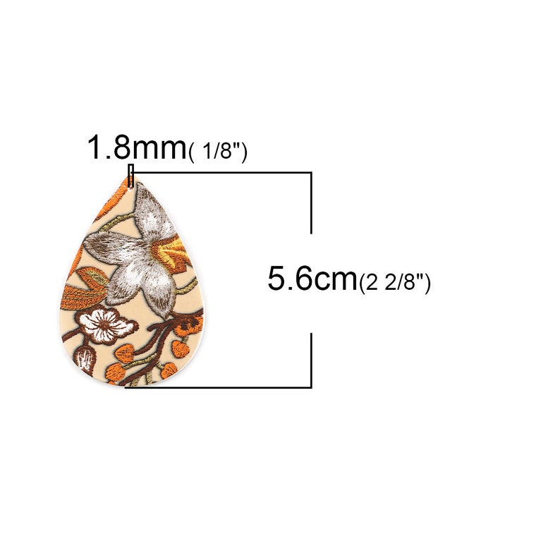 - Double Sided 2.2 Orange Floral Embroidered Faux Leather Dangle Charms Pendants Brown 56mm Teardrop Beige 10 pcs
