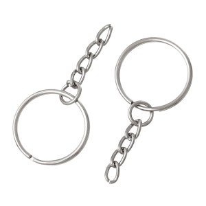 May include: Two silver-colored keychains with a circular ring and a chain. The key rings are made of metal and are shown against a white background. The chain is made of small, connected links.
