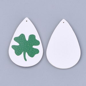10 pcs. Green and White Faux Leather Dangle Charms Pendants - Teardrop - St. Patrick&#39;s Day - 56mm (2.2&quot;) - Double-Sided - Style D - Clover