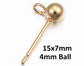 10 pcs. 304 Stainless Steel Earring Ball Posts Settings with Loop - 15mm x 7mm -  24K Gold Plated - 4mm Ball Diameter - Stoppers Included!