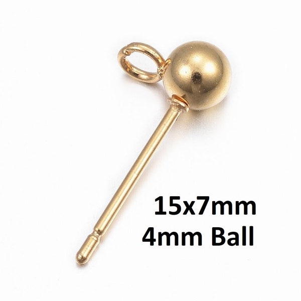 10 pcs. 304 Stainless Steel Earring Ball Posts Settings with Loop - 15mm x 7mm -  24K Gold Plated - 4mm Ball Diameter - Stoppers Included!