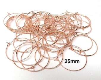 100 Rose Gold Plated Wine Charm  /Earwire Hoop Rings - 25mm - 1 inch - 20 Gauge (0.8mm Thick)