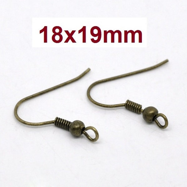 100 pcs (50 pairs) Antique Bronze Earring Hooks with Spring and Ball - 19mm x 18mm - Perpendicular Loop