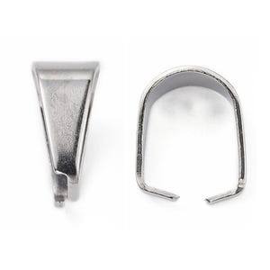 May include: Two silver-colored pendant bails. One is a rectangular shape with a loop at the bottom. The other is a curved bail with an opening at the bottom. Both are on a white background.