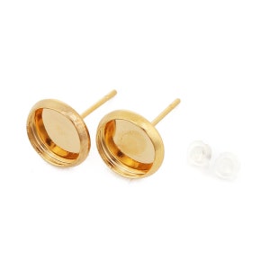 10 pcs. Gold Plated Earring Posts Studs Settings Bezels Cabochons Tacks- 8mm Glue Pad Setting - Includes Rubber Backs! Made of Copper