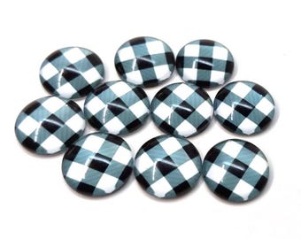 10 pcs Buffalo Check - White and Black - Circle Glass Round Dome Seals Tiles Cabochons - 12mm