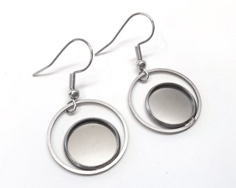 6 pcs. 304 Stainless Steel Silver Tone Earring Dangle Hooks Settings Bezels Cabochons - 12mm Glue Pad Settings - Ring Style