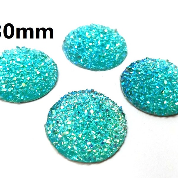 4 pcs Druzy Resin Embellishment Cabochons Aqua Blue Multicolor - 30mm (1.18 inch) - Dome Style