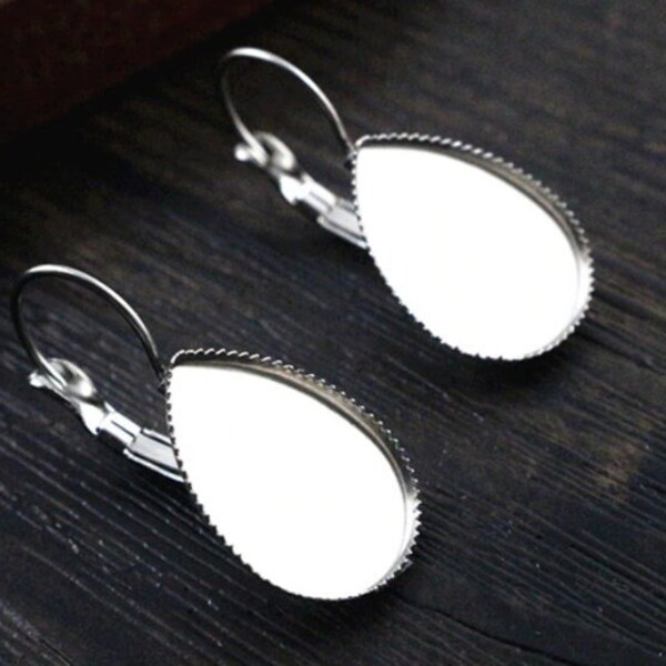 10 pcs. (5 pairs) 304 Stainless Steel Silver Tone Teardrop Earring Clips Lever Back Bezels Cabochons - 18mm x 13mm Glue Pad Setting - Drop