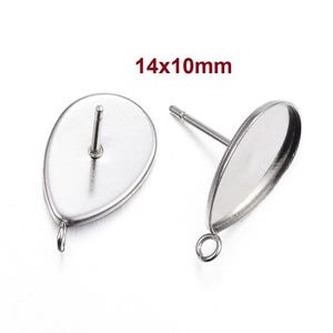 10 pcs. 304 Stainless Steel Silver Earring Tacks Posts Studs Settings Bezels Cabochons with Loop - Teardrop - 14mm x 10mm Glue Pad Setting