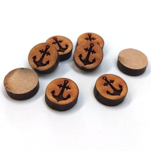 10 Stück In Holz gravierte Cabochons - Anker - 12 mm - Flacher Münzkreis