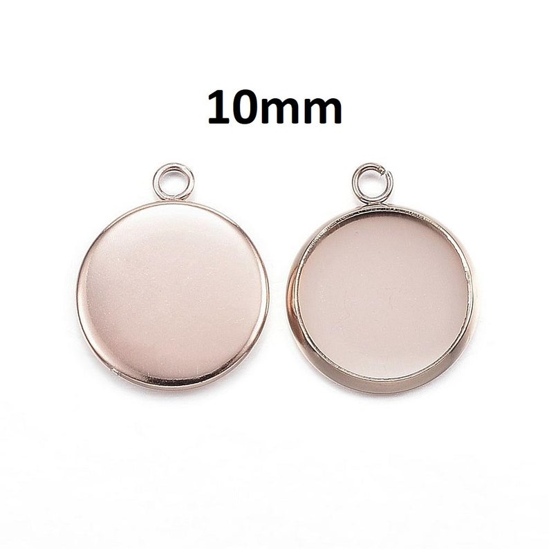 10 pcs Hypoallergenic! 304 Stainless Steel Rose Gold Plated Circle Round Bezel Cabochon Pendant Tags Trays 10mm Glue Pad Single Loop