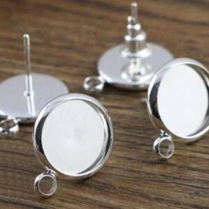 10 pcs. Silver Plated Earring Posts Studs Settings Bezels Cabochons Tacks with Loop - 14mm Glue Pad Setting