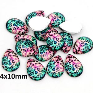 10 pcs Teardrop Leopard Glass Dome Seals Tiles Cabochons - 14mm x 10mm - Teal and Pink
