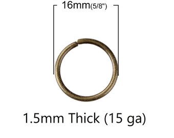 500 anillas abiertas de bronce antiguo - 16 mm - calibre 15 (1,5 mm de grosor)