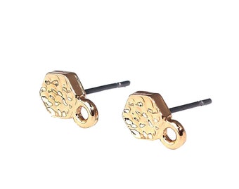 10 pcs. (5 pairs) Gold Plated Earring Posts/Bases/Studs/Settings - Hammered Style - Hexagon - 9mm x 6mm Glue Pad - Hole Size: 1.5mm