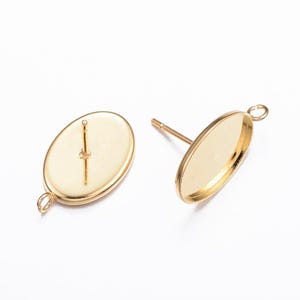 10 pcs. 304 Stainless Steel Golden Earring Tacks Posts Studs Settings Bezels Cabochons with Loop - Oval - 14mm x 10mm Glue Pad Setting