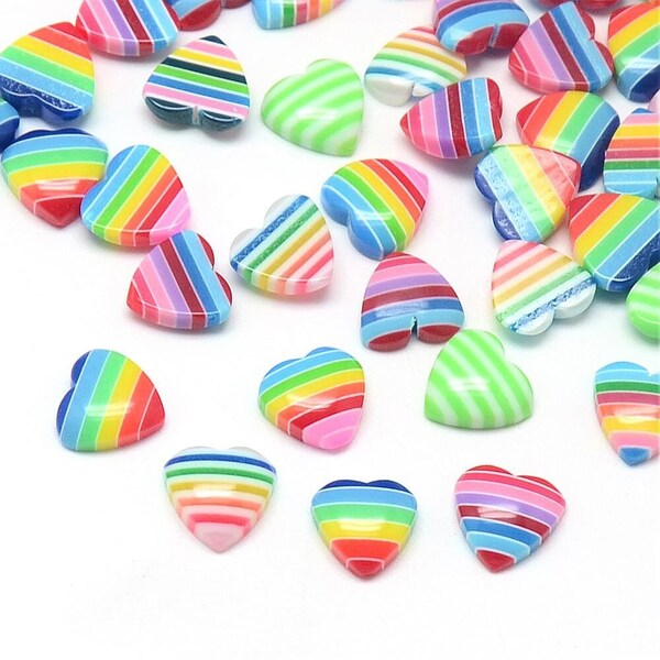 40 pcs Resin Embellishment Cabochons Rainbow Stripes - 10mm - Heart - Assortment