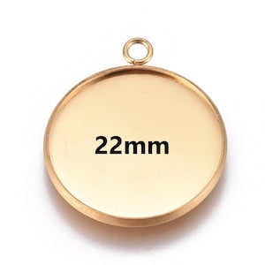 5 pcs. 304 Stainless Steel Golden Circle Round Bezel Pendant Tags Trays - 22mm Glue Pad Setting - Tarnish Resistant!