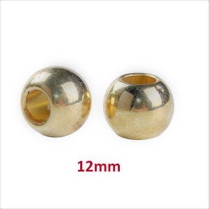100 cuentas espaciadoras de bolas lisas chapadas en oro - 12 mm - Orificio grande: 5,7 mm - ¡Compatible con cordones europeos y Paracord!