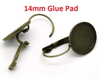 20 pièces. Antique Bronze Boucle d’oreilles Clips Réglages Levier Back Lunettes Cabochons - 14mm Glue Pad Réglage