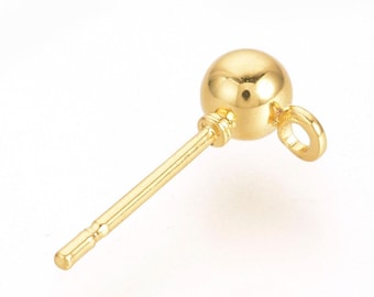 100 pcs (50 pairs) Golden Iron Earring Ball Posts Settings with Loop - 6.5mm x 4mm -  Golden - Rubber Stoppers Included! - Hole Size: 1mm