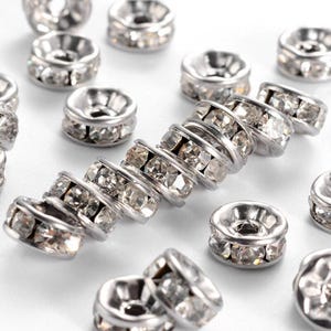 20 pcs. 316 Stainless Steel Clear Rhinestone Rondelle Spacer Beads - Silver Tone - 8mm x 4mm - Hole Size: 2mm - Straight Edges