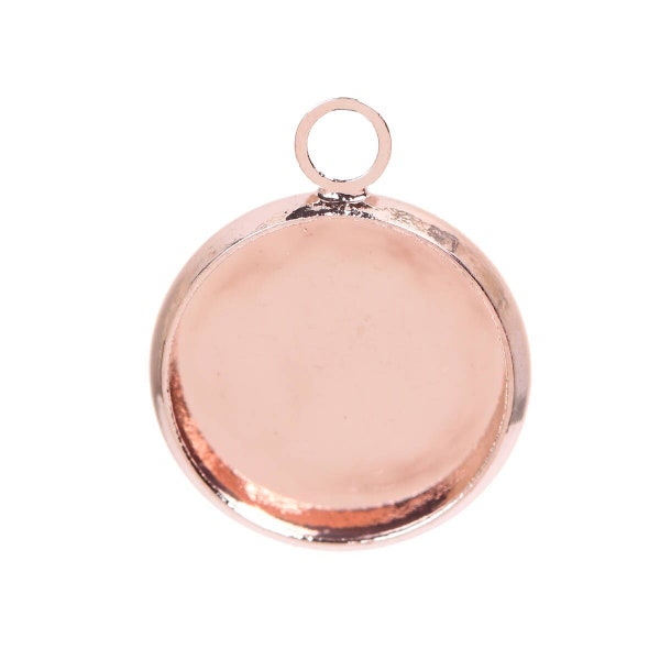 10 pcs. Rose Gold Plated Circle Round Bezel Cabochon Pendant Tags Trays - 12mm Glue Pad - 18x14mm - Single Loop - Hole Size: 2.1mm