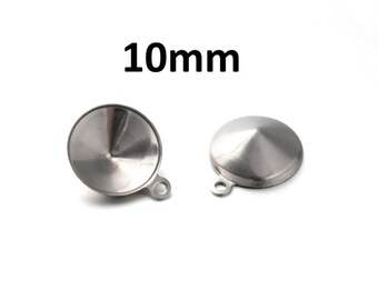 10 pcs. 304 Stainless Steel Silver Tone Circle Round Bezel Cabochon Pendant Tags Trays - 10mm Glue Pad - Single Loop - Pointed Back