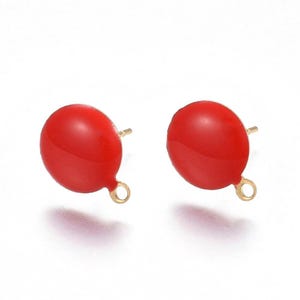 10 pcs. 304 Stainless Steel Gold Plated Half Round Earring Ball Posts with Loop - Red Enamel - 12.5mm x 10mm - Hole: 1.2mm - with Stoppers