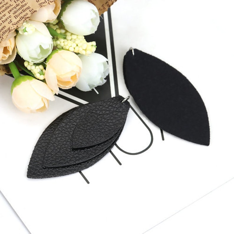 10 pcs - Great for Light Earrings or Dangles! 2.8 Black Faux Leather Dangle Charms Pendants Triple Layer 71mm Leaf