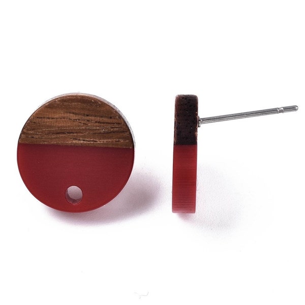 10 pcs. 304 Stainless Steel Earring Posts Studs Settings Cabochons Tacks - 14mm Diameter - Wood and Resin - Brown and Red