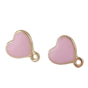 10 pcs. Gold Plated with Pink Enamel Heart Earring Posts Studs with Loop Cabochons Tacks- 12mm x 11mm Base - 14mm Length - Hole Size: 1.2mm