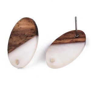 10 pcs. 304 Stainless Steel Earring Posts Studs Settings Cabochons Tacks - 20mm - Wood and Resin - Brown and White - Oval